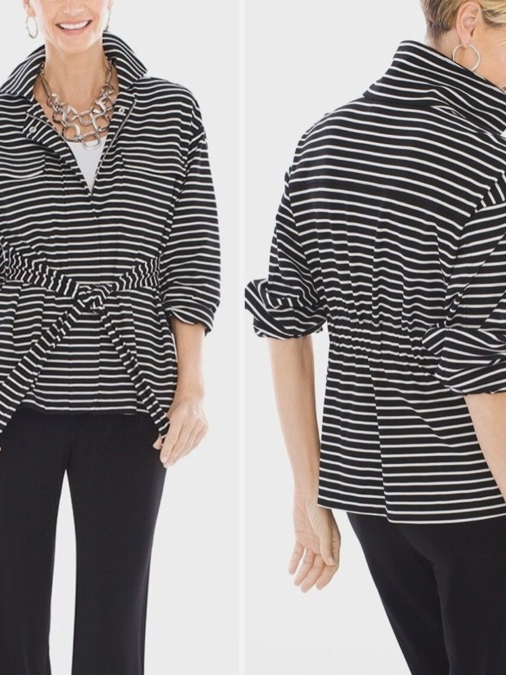 Chico's Striped Zip Knit Jacket, Black White | Size 1 (Medium)